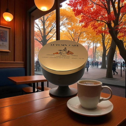 A gold and bronze candle tin Café interior with a coffee cup and autumn-themed product display, featuring trees with autumn foliage outside.