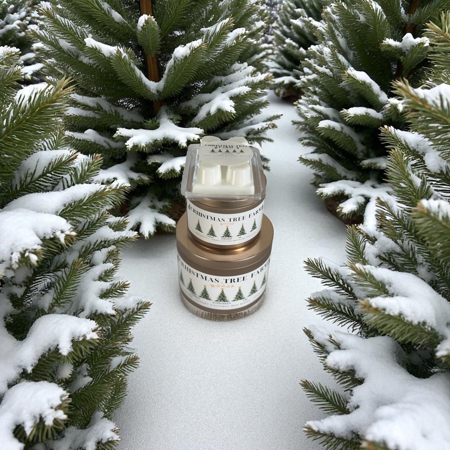 A Christmas candle collection with gold candle tins and white wax melt with Christmas tree design packaging on a snowy ground with snow-covered trees.