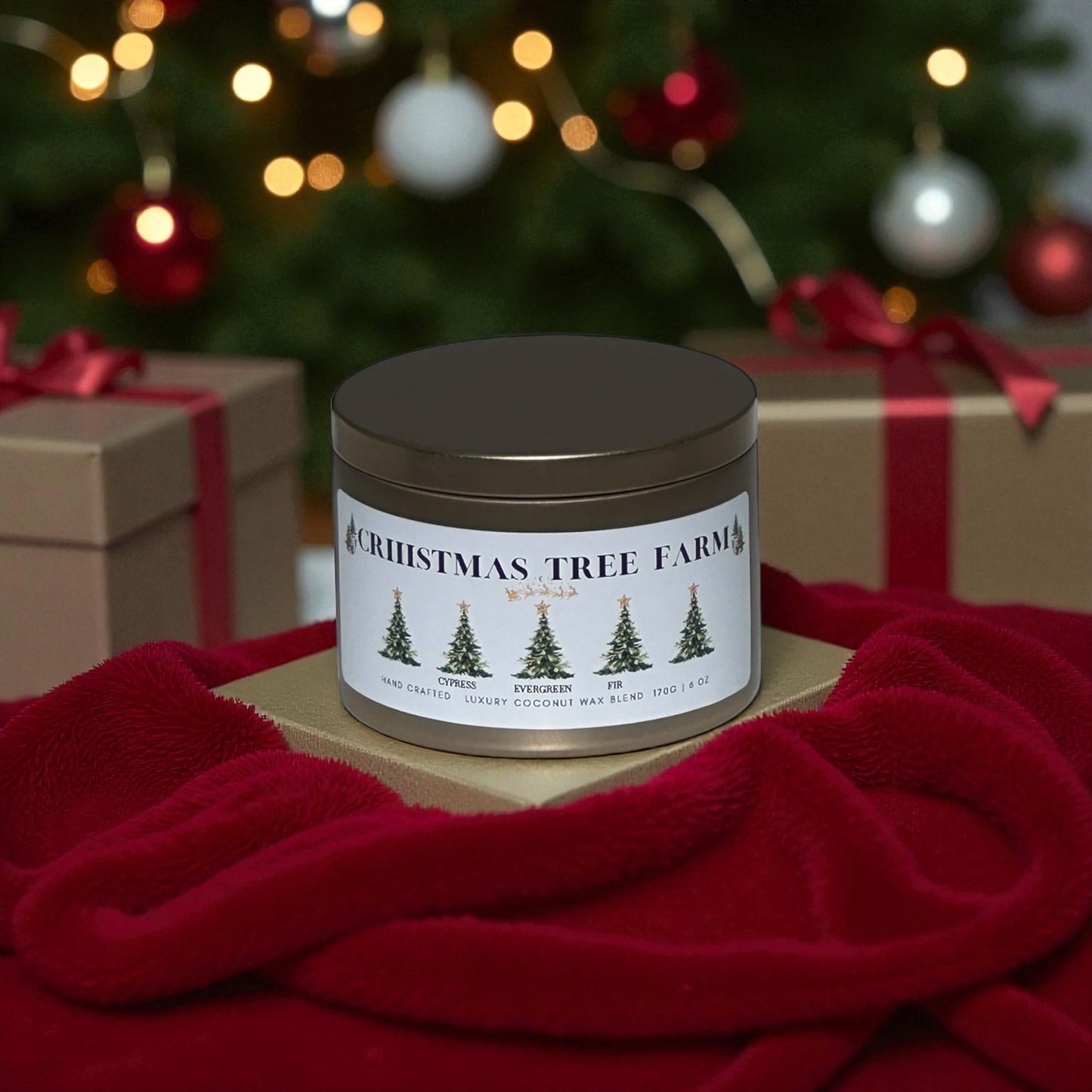 A gold candle tin labeled "Christmas Tree Farm" sitting on a gold box with Christmas presents and a Christmas tree in the background.