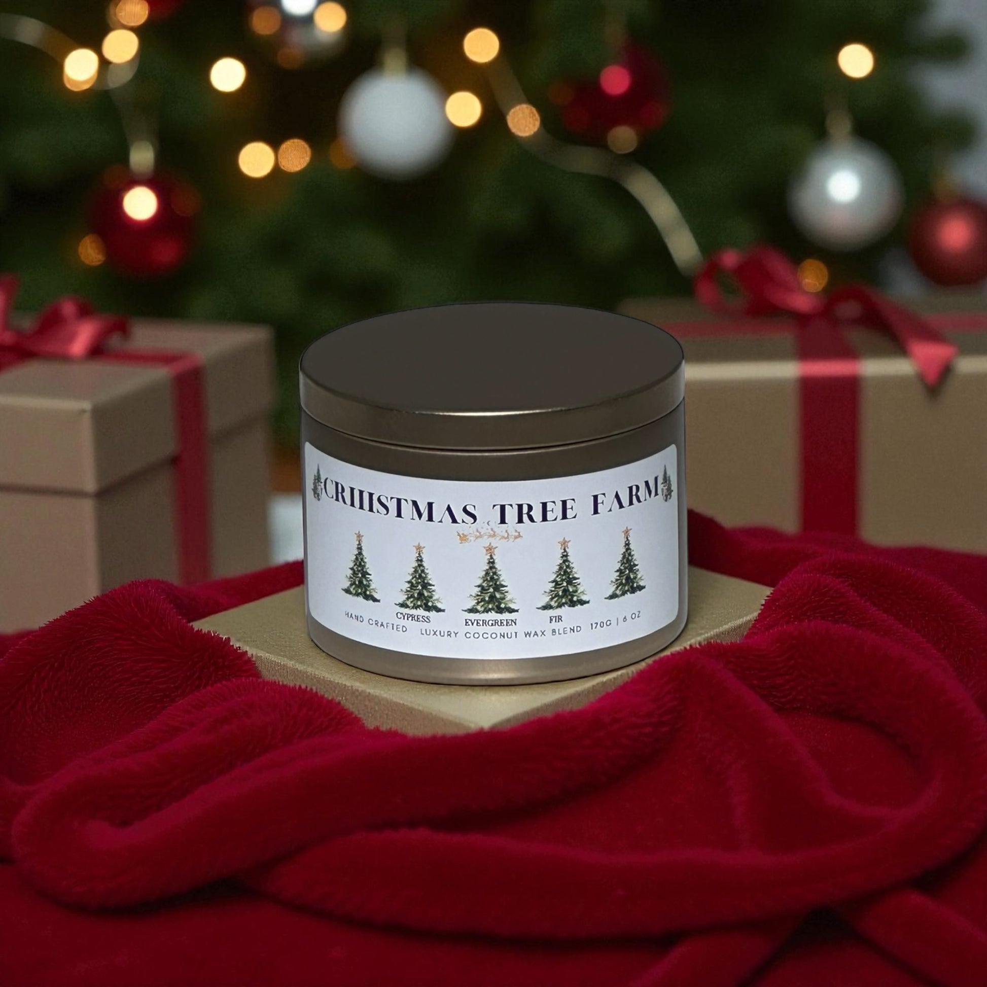 A gold candle tin labeled "Christmas Tree Farm" sitting on a gold box with Christmas presents and a Christmas tree in the background.