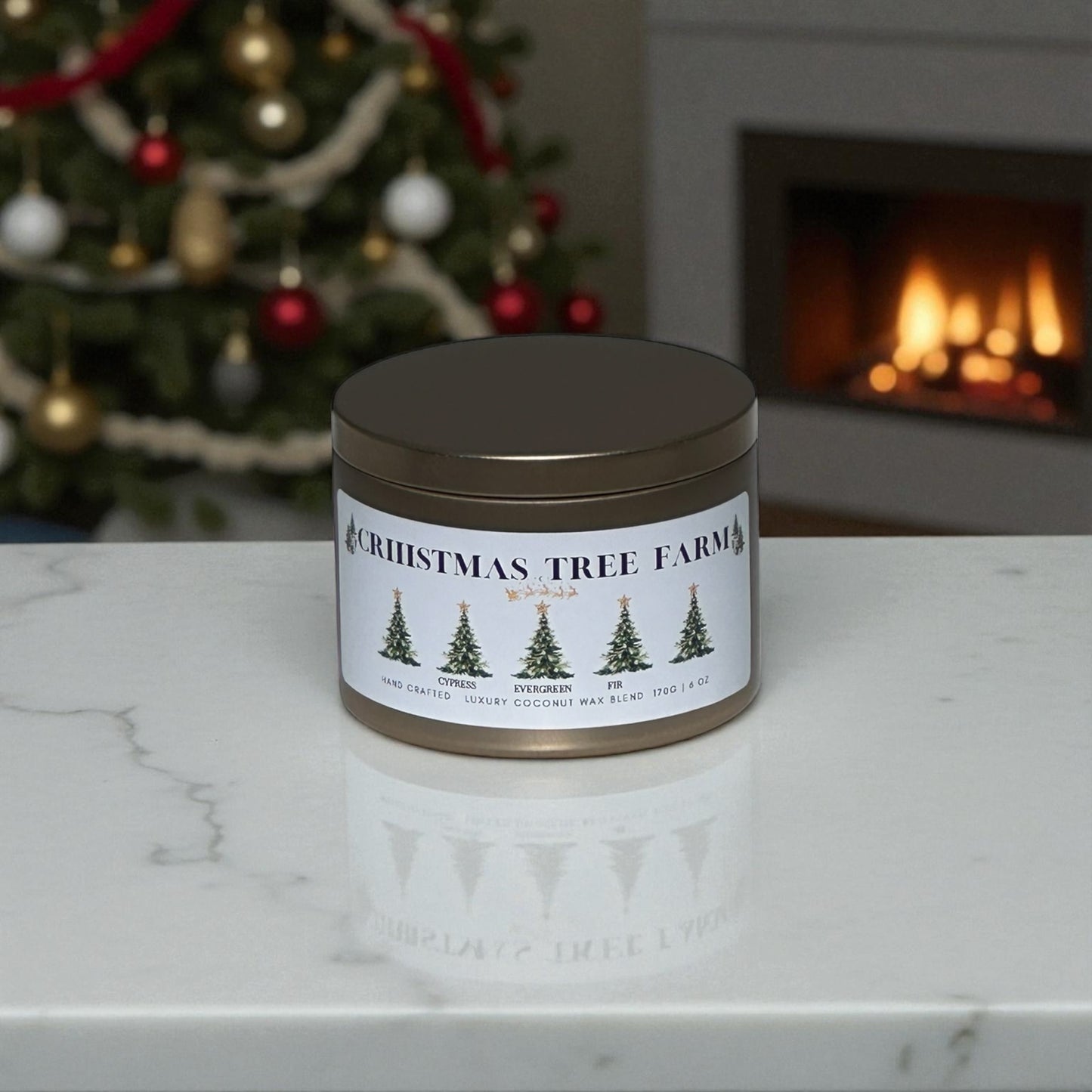 A gold candle tin labeled "Christmas Tree Farm" on a white marble countertop with a fireplace and Christmas tree in the background.