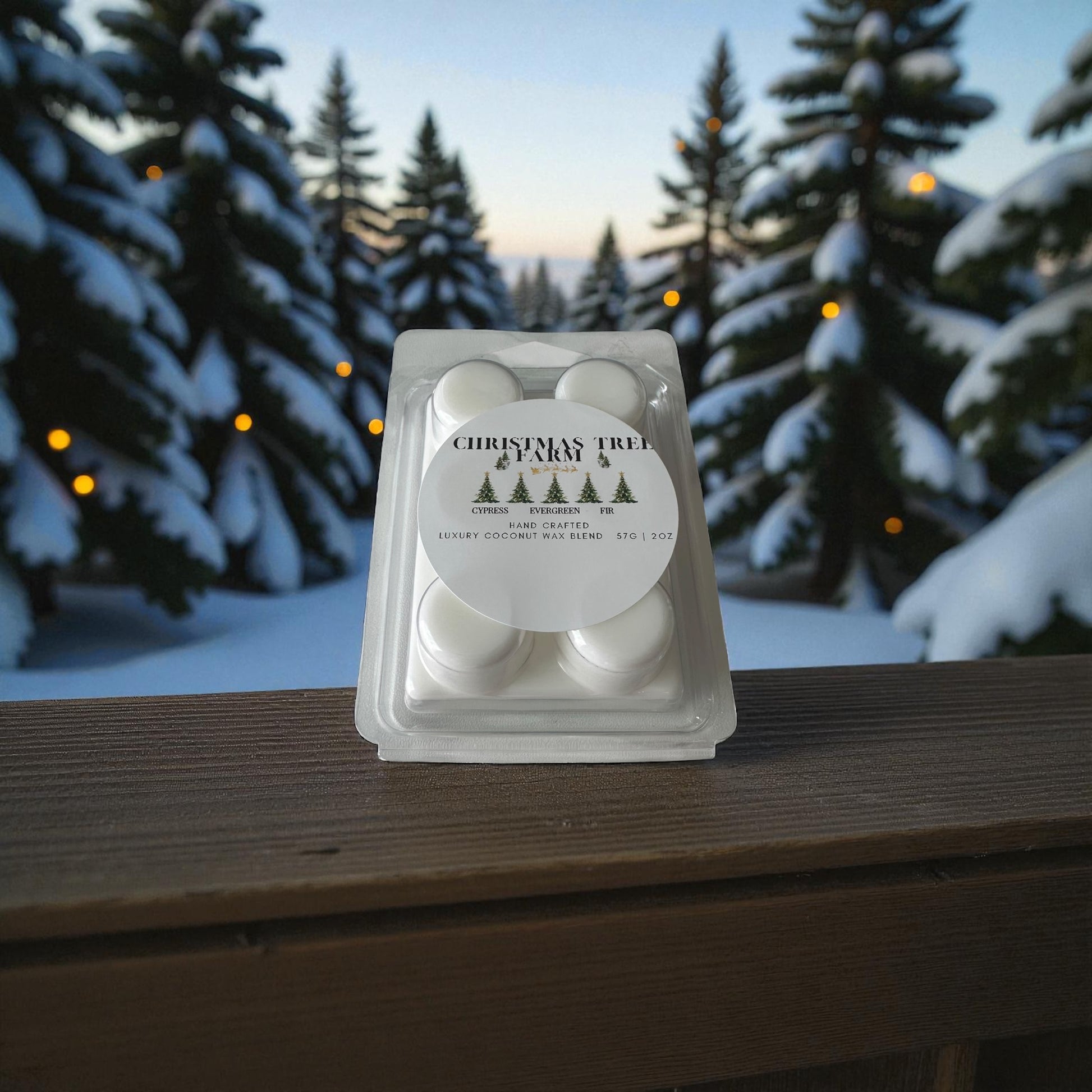 A holiday wax melt labeled "Christmas Tree Farm" sitting on a wooden surface with snow covered pines and twinkling lights in the background.