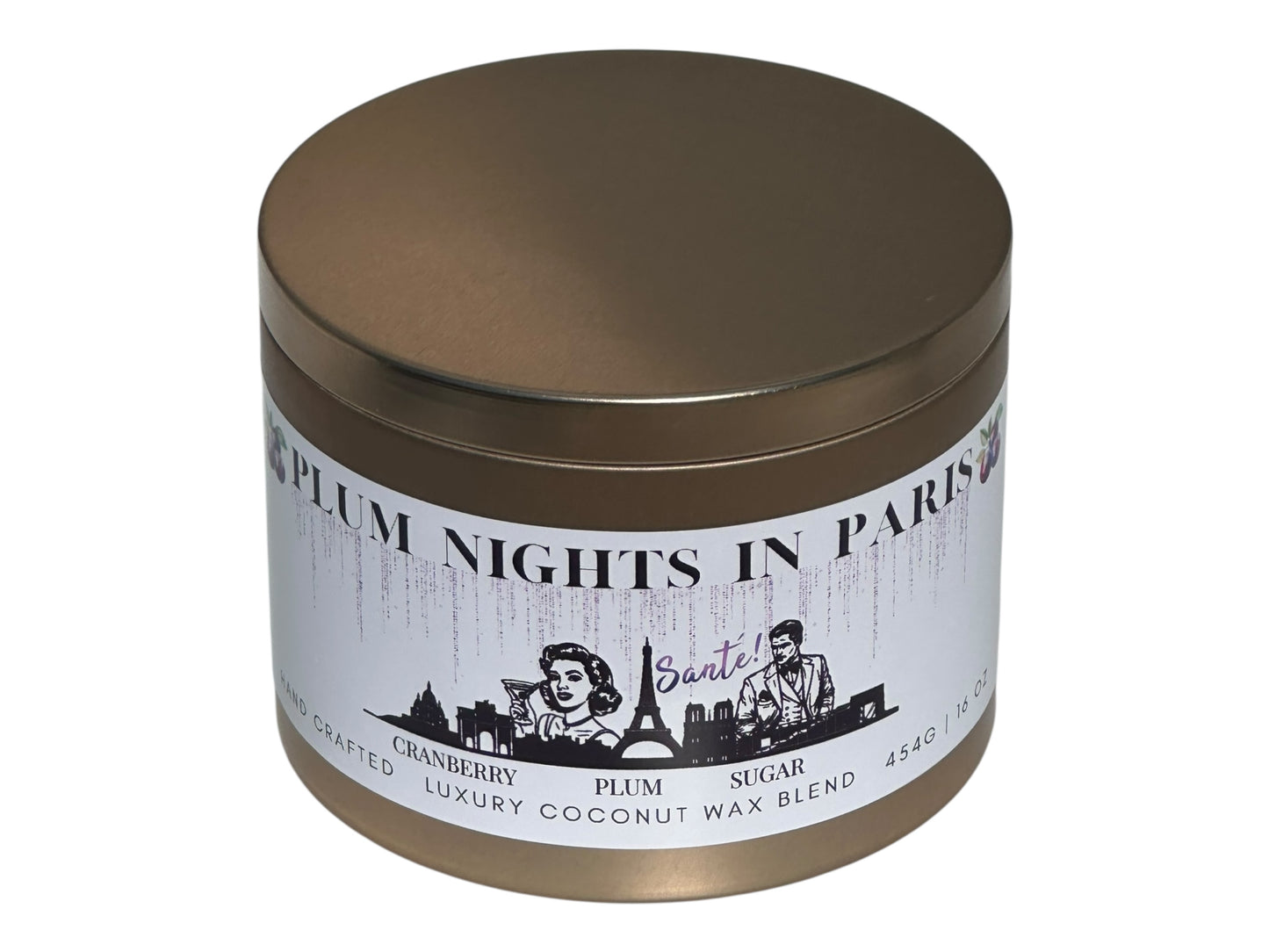 A gold candle tin labeled "Plum Nights in Paris" on a white background front view.
