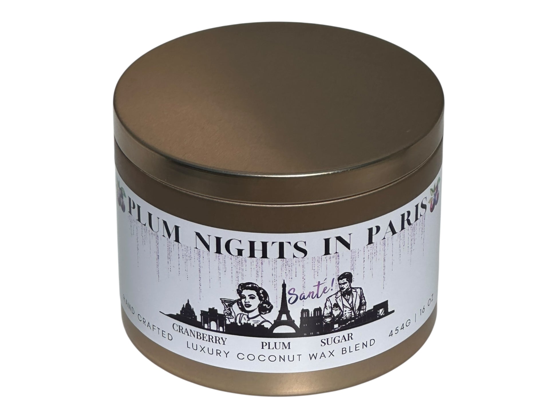 A gold candle tin labeled "Plum Nights in Paris" on a white background front view.