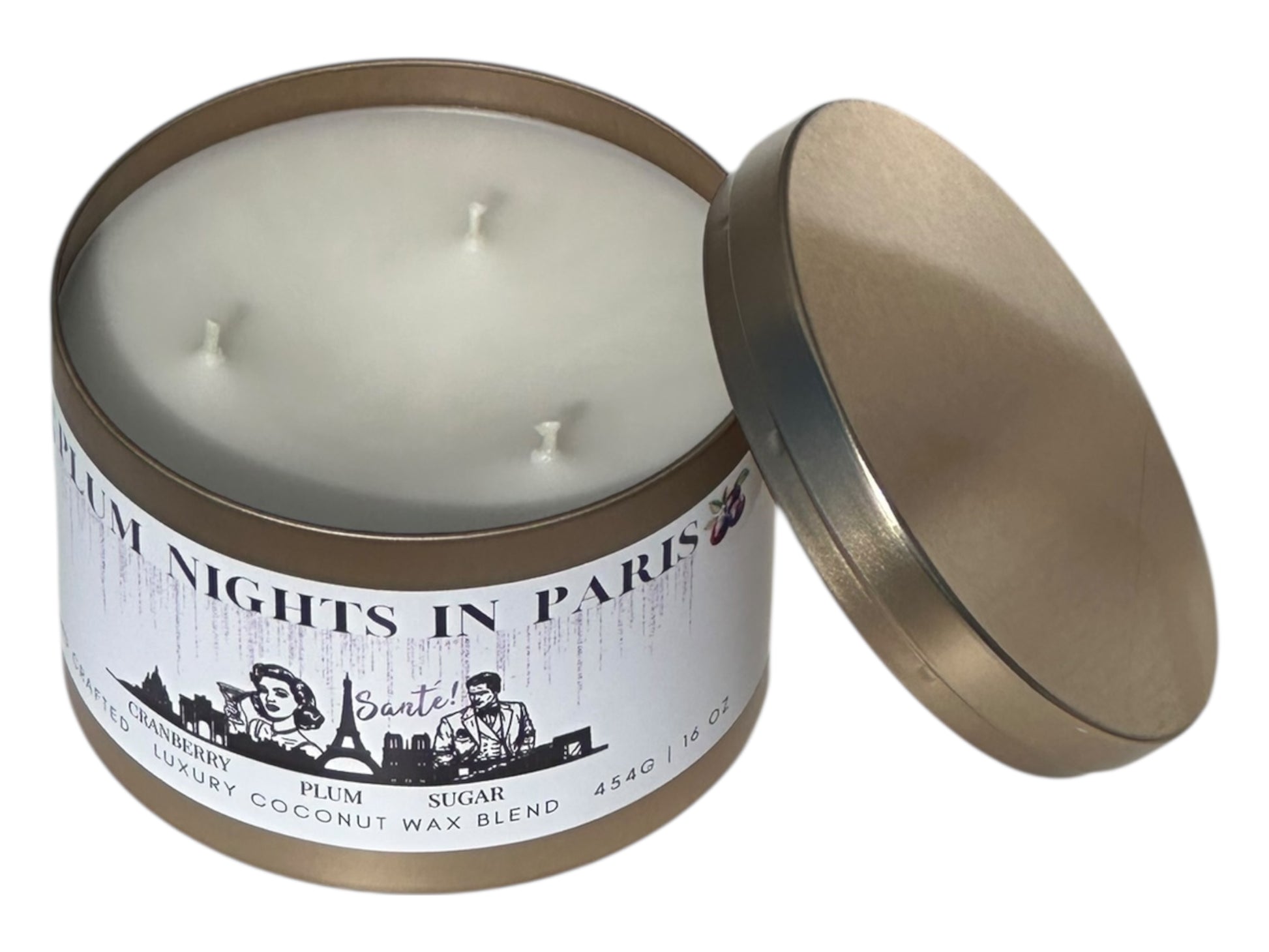 A gold candle tin labeled "Plum Nights in Paris" on a white background top view with candle lid removed.