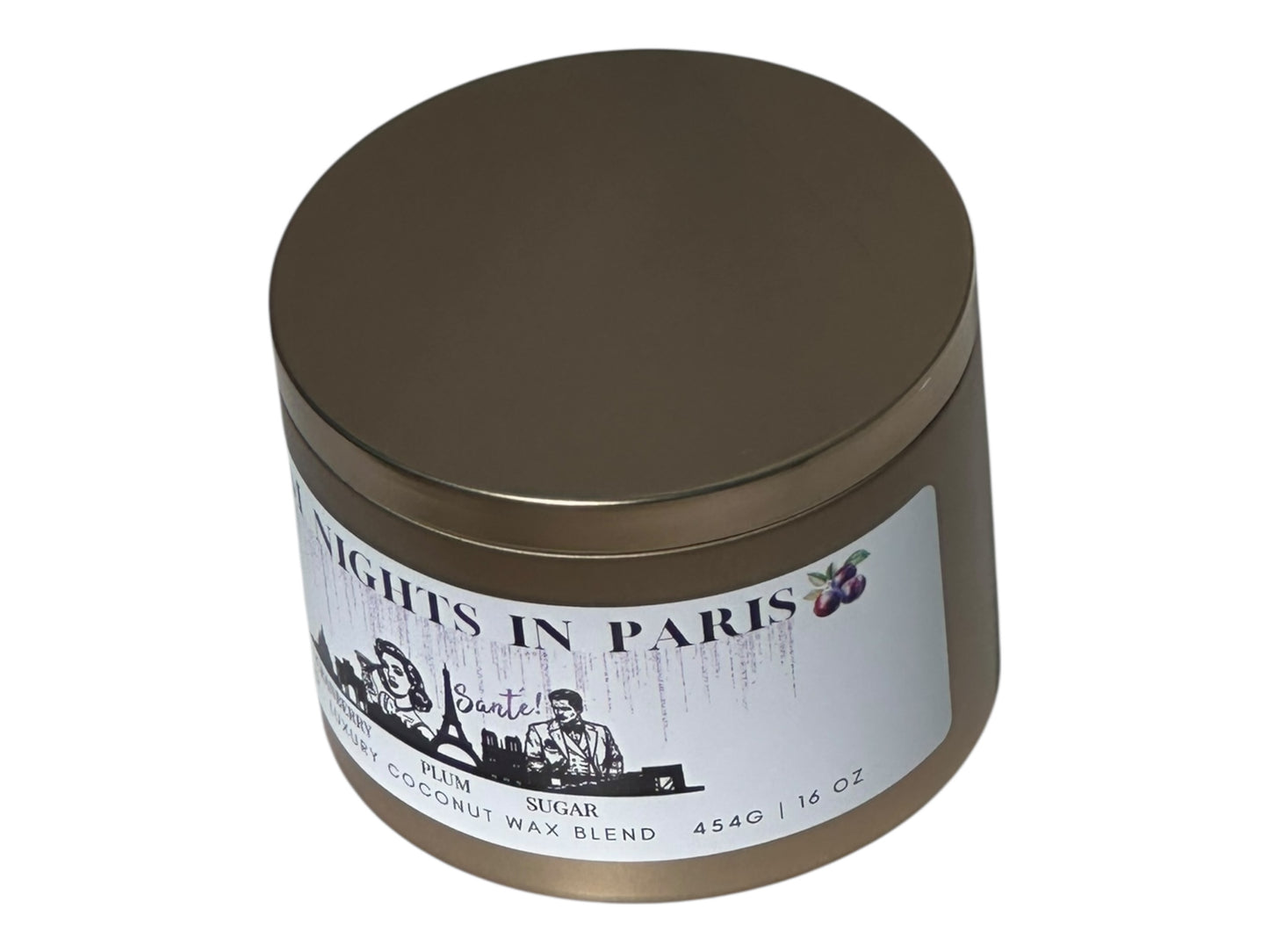 A gold candle tin labeled "Plum Nights in Paris" on a white background opposite side view of candle.