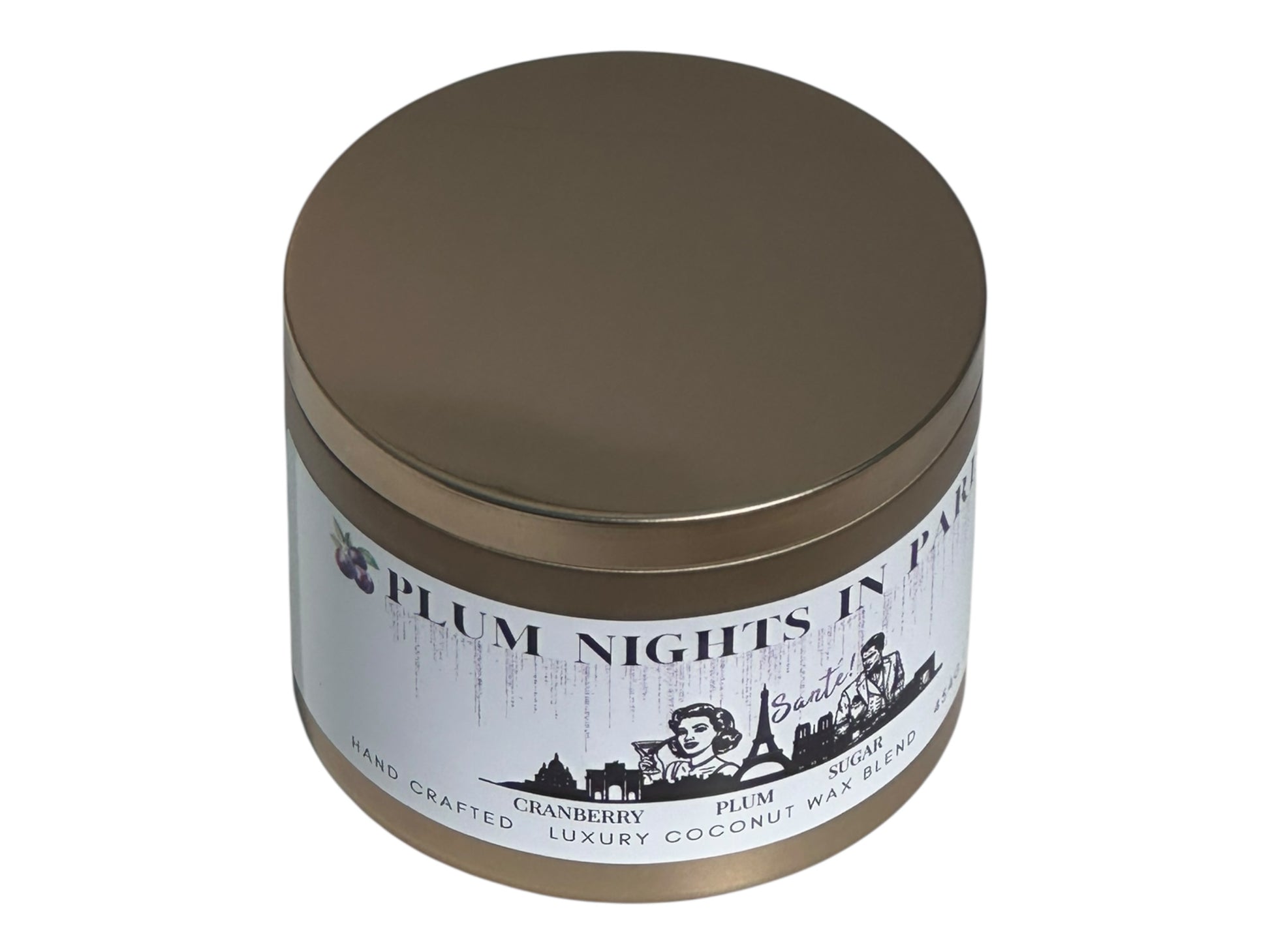 A gold candle tin labeled "Plum Nights in Paris" on a white background side view.