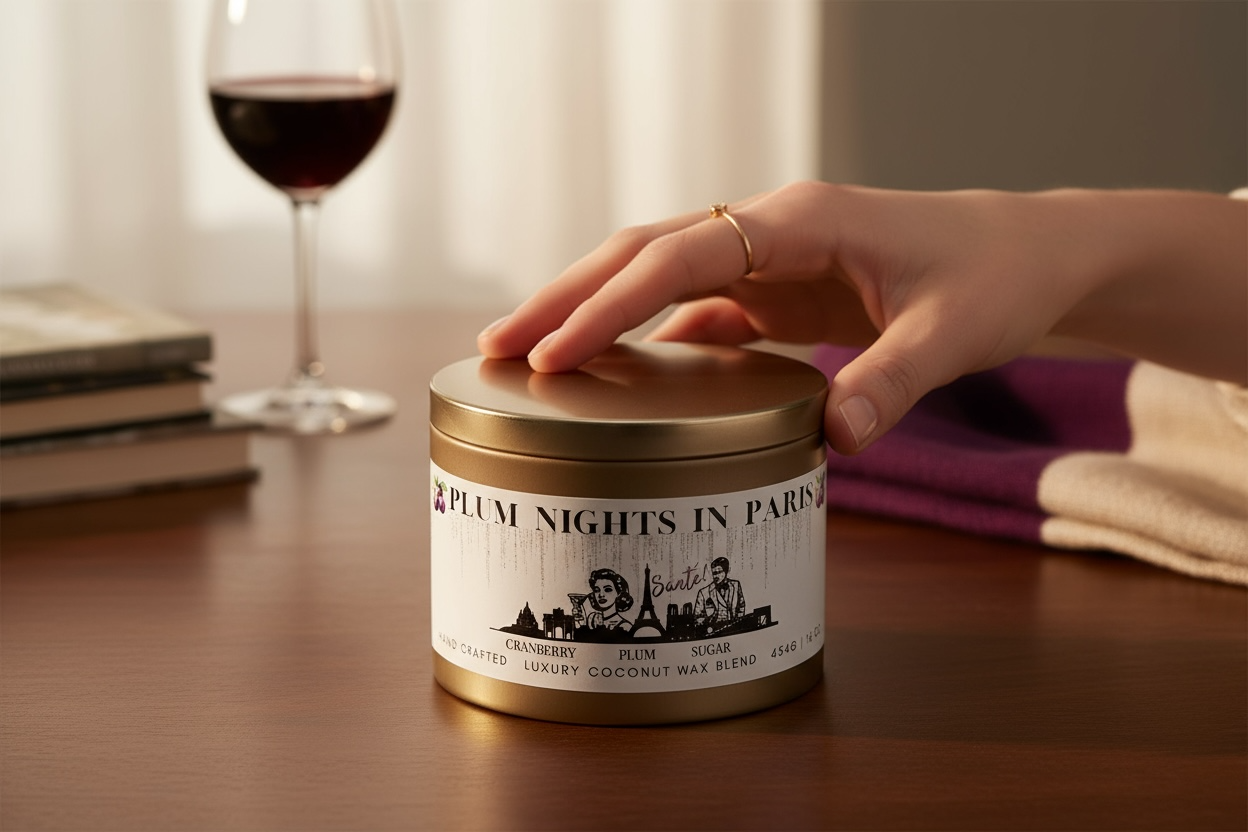 A gold candle tin labeled "Plum Nights in Paris" sitting on a table with a hand touching the lid and wine in a home setting.