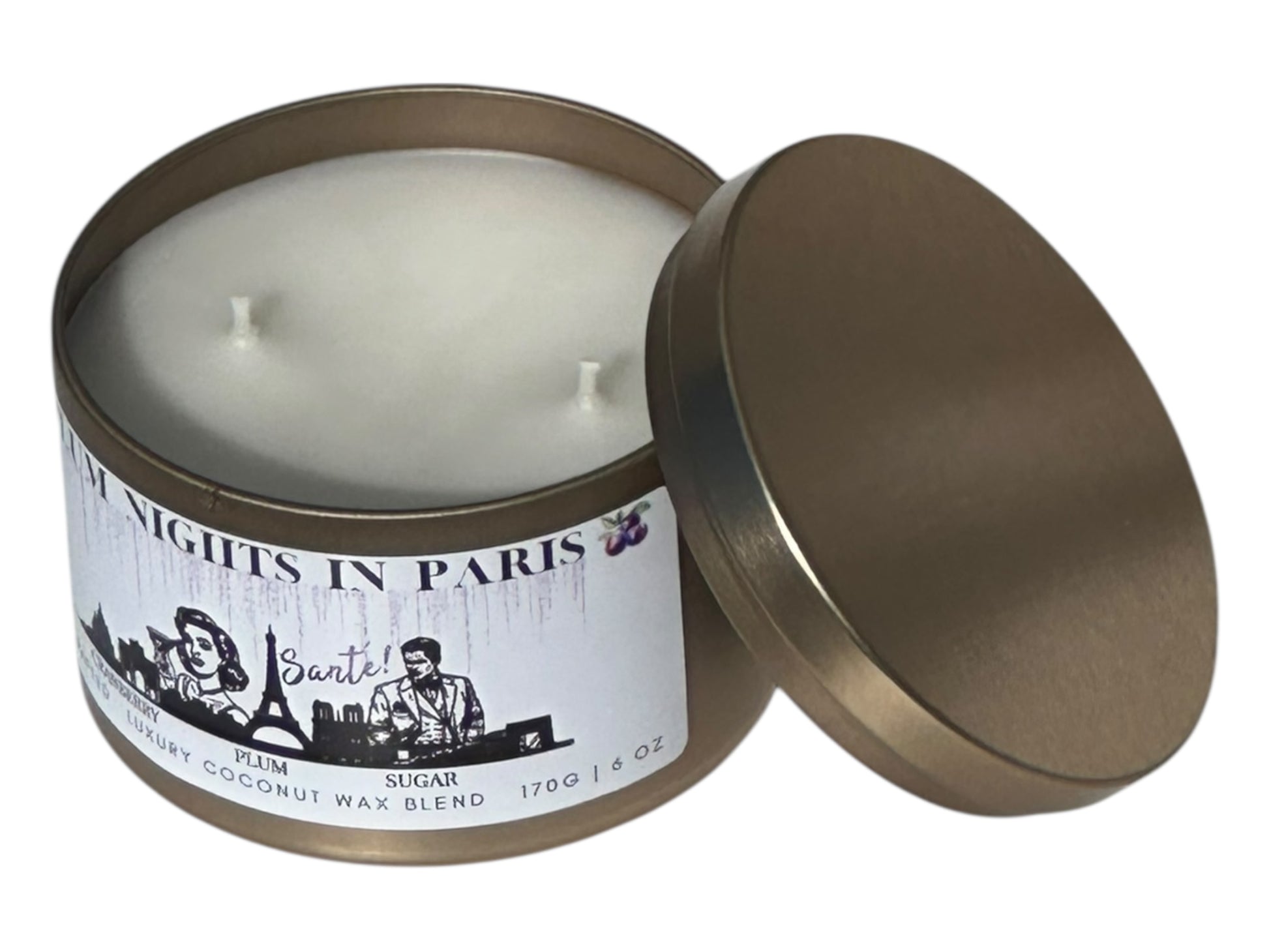 A gold candle tin labeled, "Plum Nights in Paris" on a white background with lid removed side view.