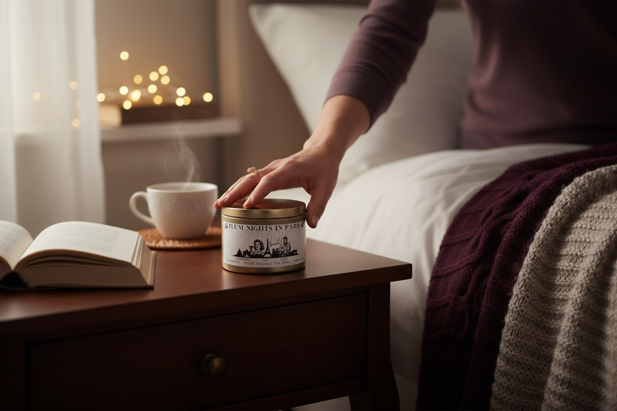 A gold candle tin labeled "Plum Nights in Paris" sitting on a bedside table lifestyle shot.