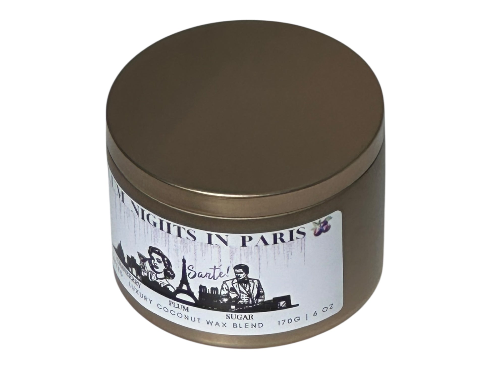 A gold candle tin labeled, "Plum Nights in Paris" on a white background opposite side view.