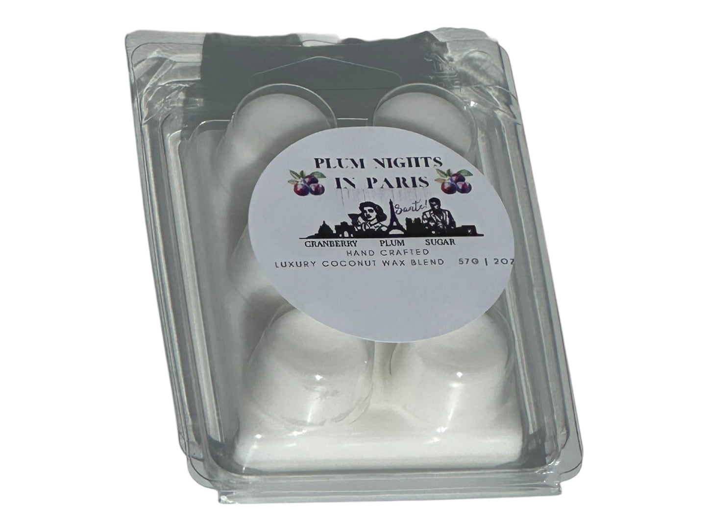 A white wax melt labeled "Plum Nights in Paris" on a white background.
