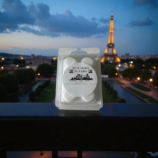 A winter wax melt labeled "Plum Nights in Paris" resting on a balcony ledge over looking Paris and the  Eiffel Tower at dusk.