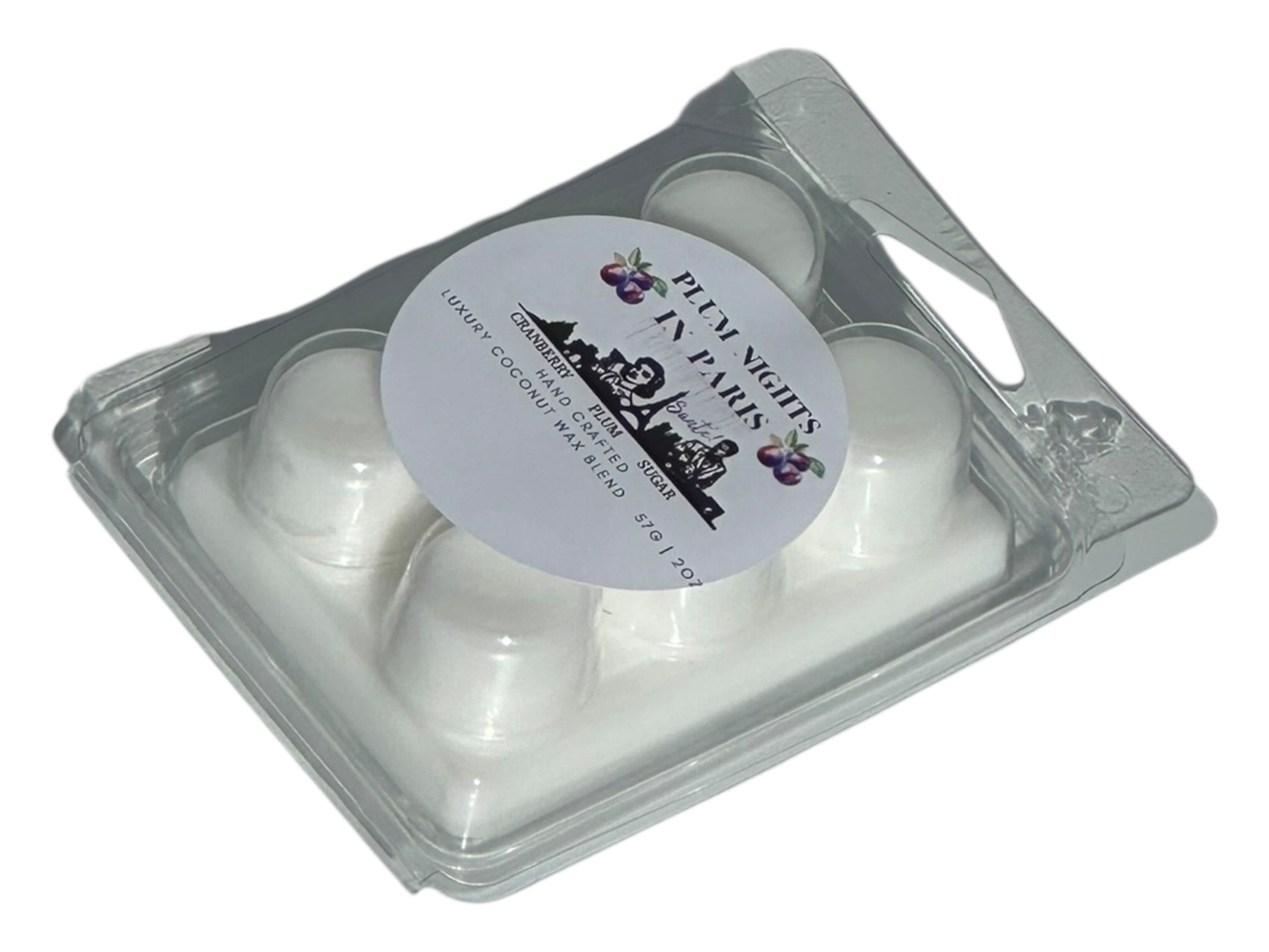 A white wax melt labeled "Plum Nights in Paris" on a white background.