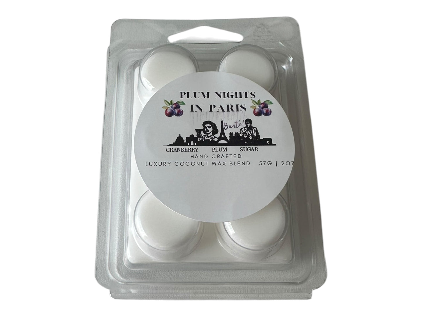 A white wax melt labeled "Plum Nights in Paris" on a white background.