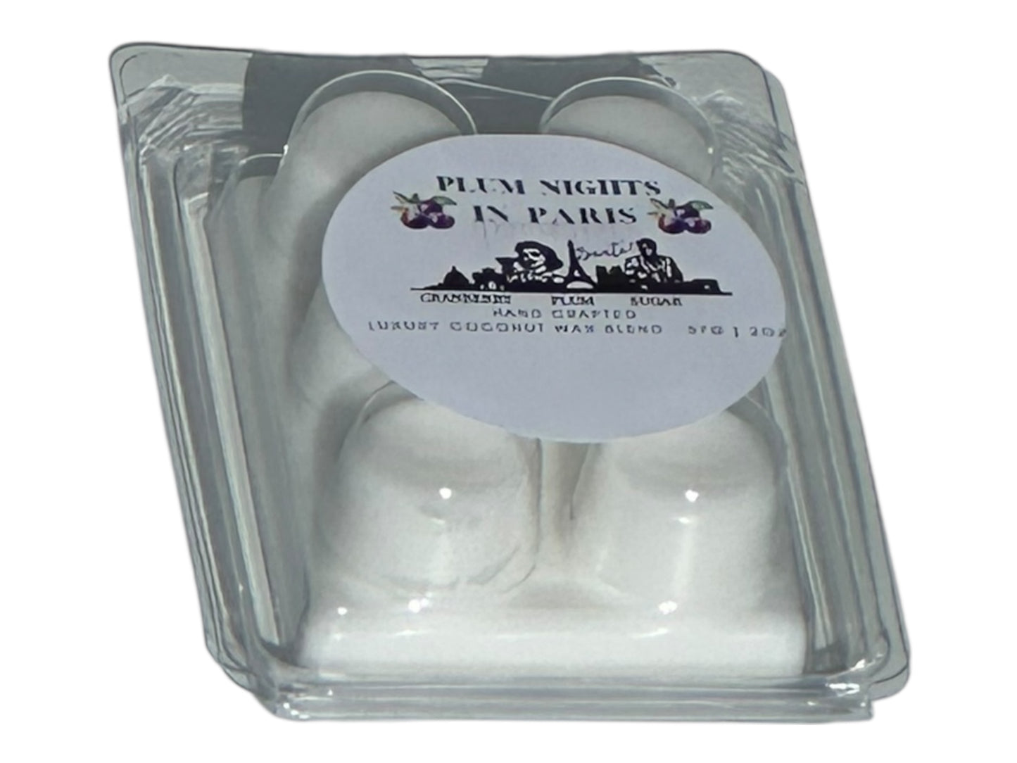 A white wax melt labeled "Plum Nights in Paris" on a white background front view at an angle to show depth.