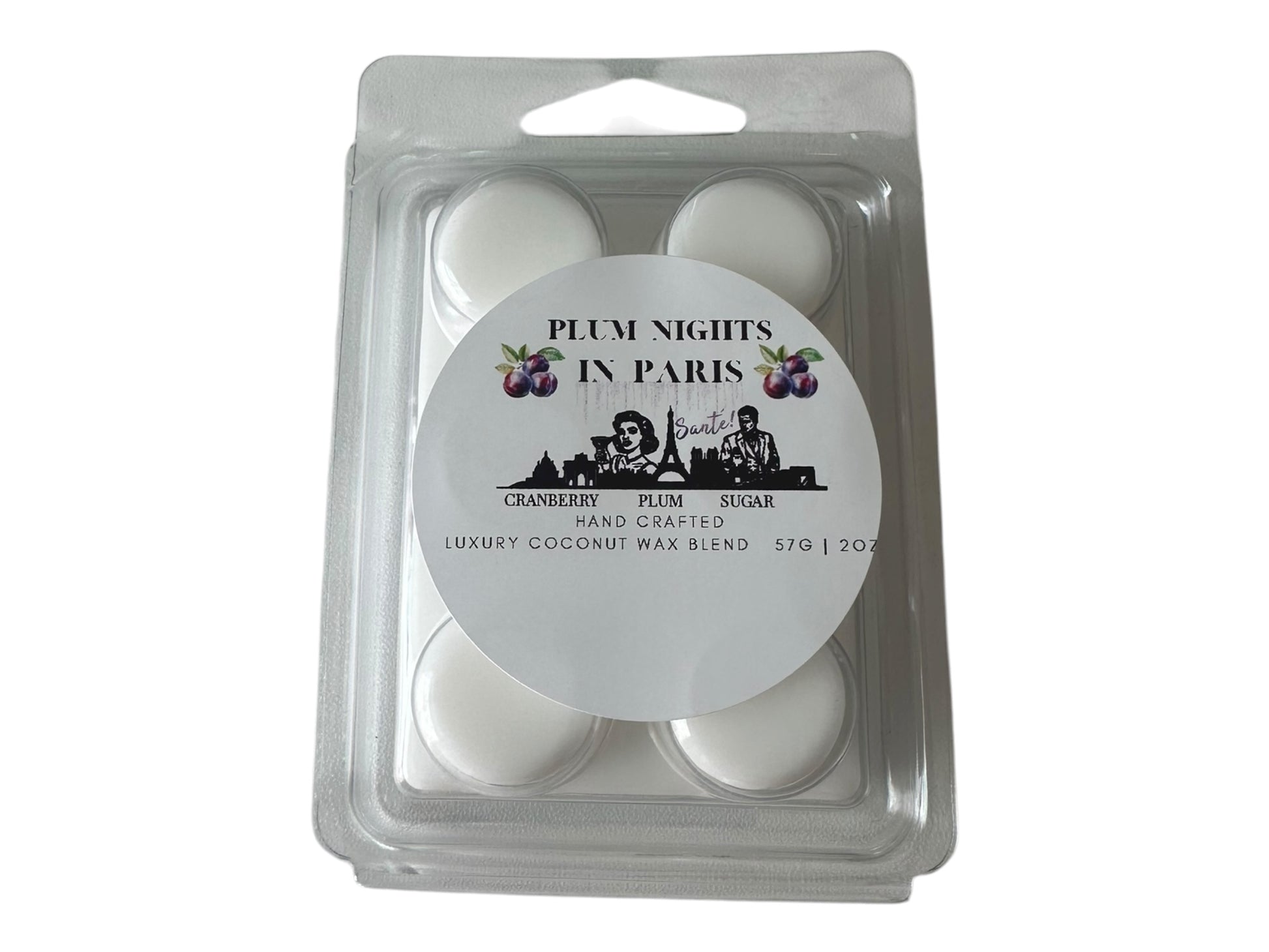 A white wax melt labeled "Plum Nights in Paris" on a white background.