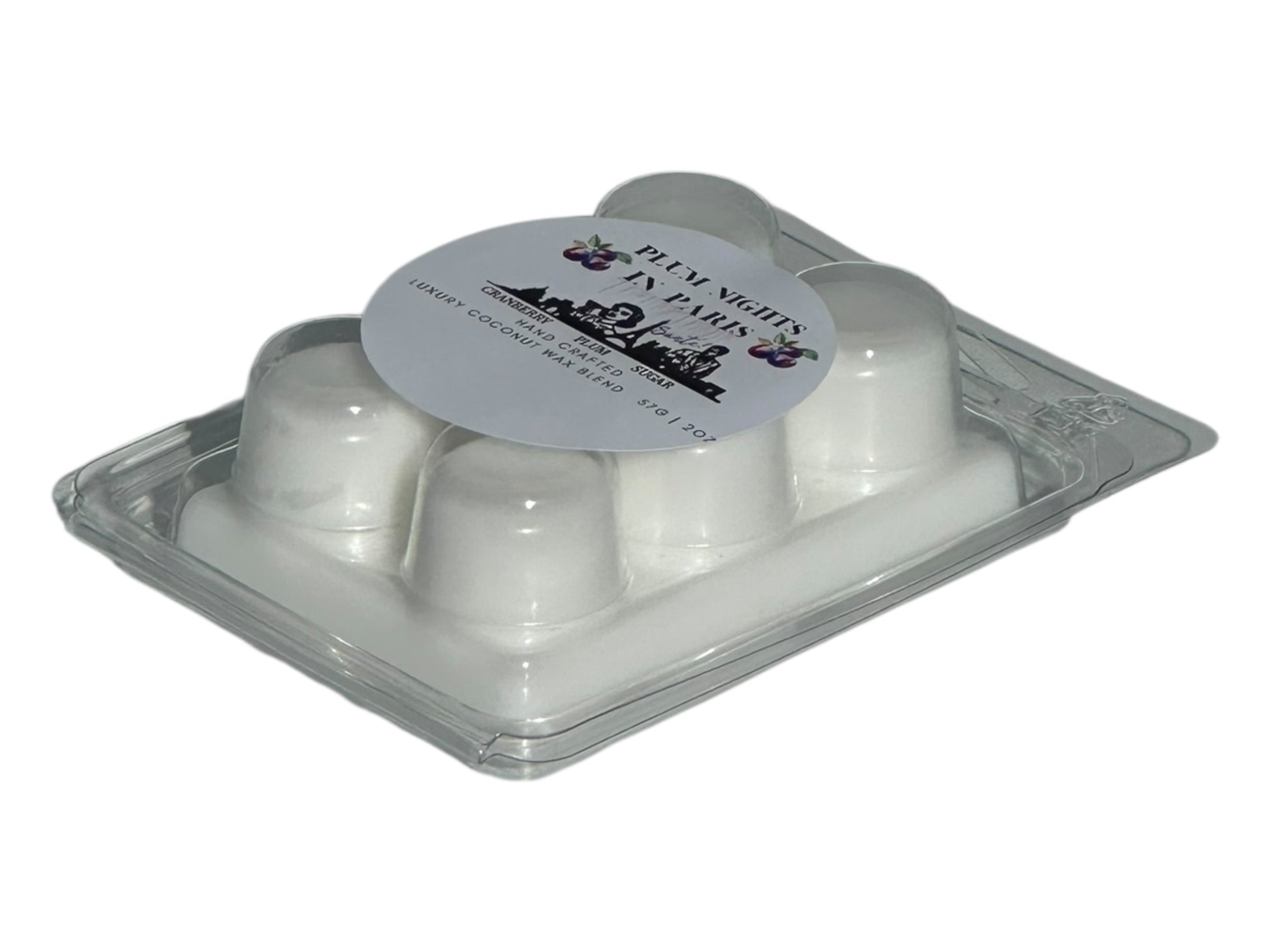 A holiday wax melt labeled "Plum Nights in Paris" on a white background side view.
