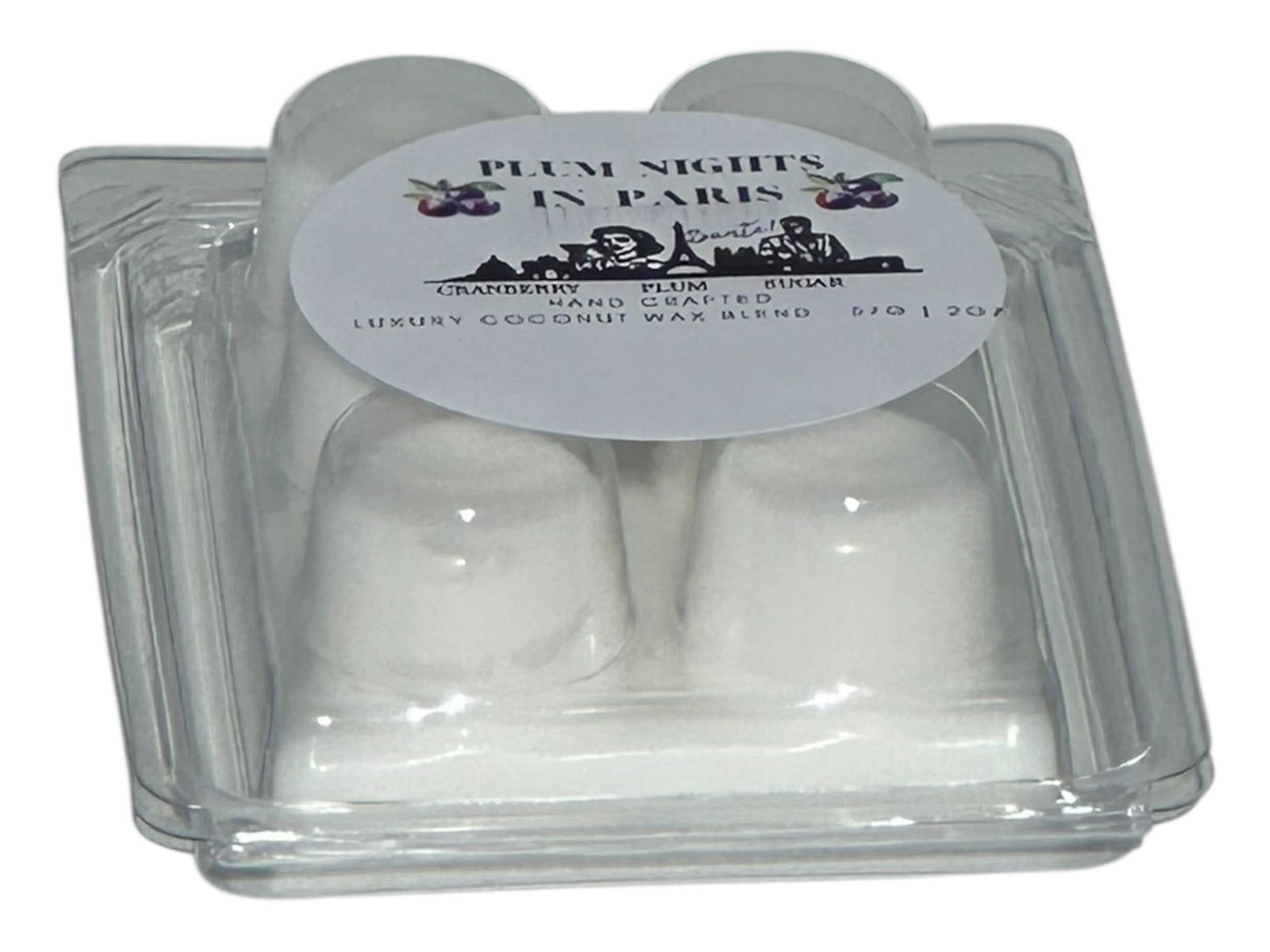 A white wax melt labeled "Plum Nights in Paris" on a white background.