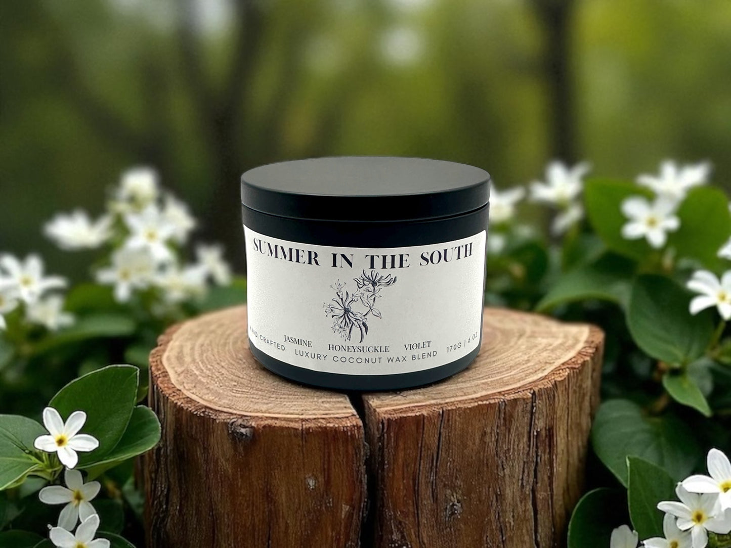 A black candle tin labeled Summer in the South resting on a wood stump surrounded by flowers.