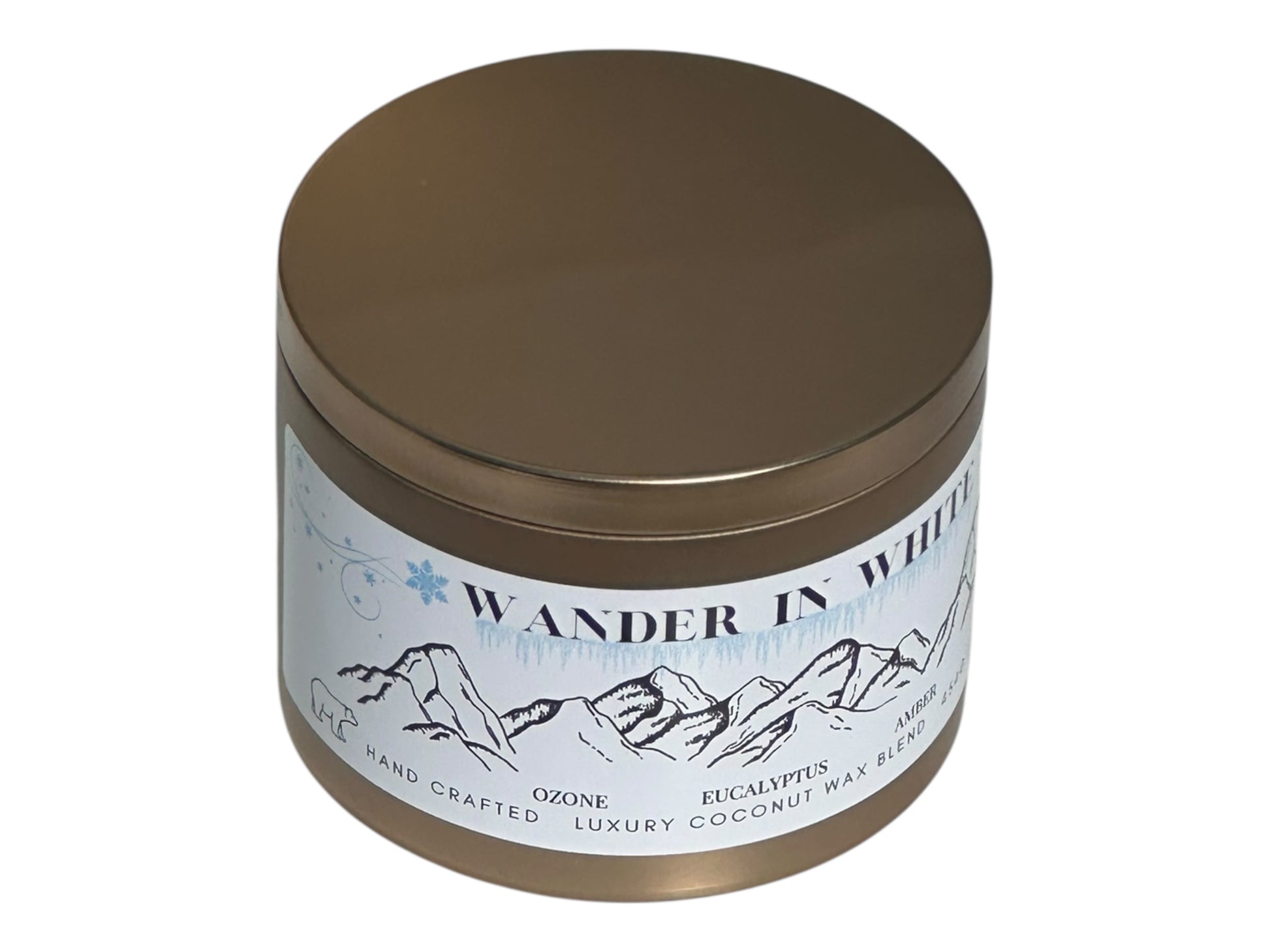 Gold Tin candle with 'Wander in White' label on a white background.